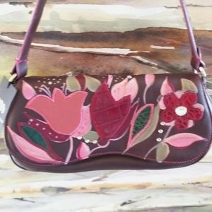 ARTSY GIAN Franco SISTI Wine Floral Collage Appliques Leather Shoulder Bag NWT